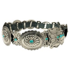 Ceinture Concho amérindienne Navajo turquoise en argent sterling avec papillon stylisé