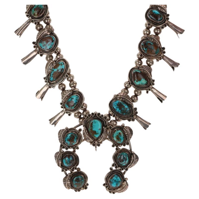 Native American Navajo Turquoise Vintage Squash Blossom Necklace 23 3/4" - 925