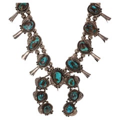 Native American Navajo Turquoise Vintage Squash Blossom Necklace 23 3/4" - 925