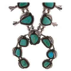 Native American Navajo Turquoise Vintage Squash Blossom Necklace 25 3/4" - 925