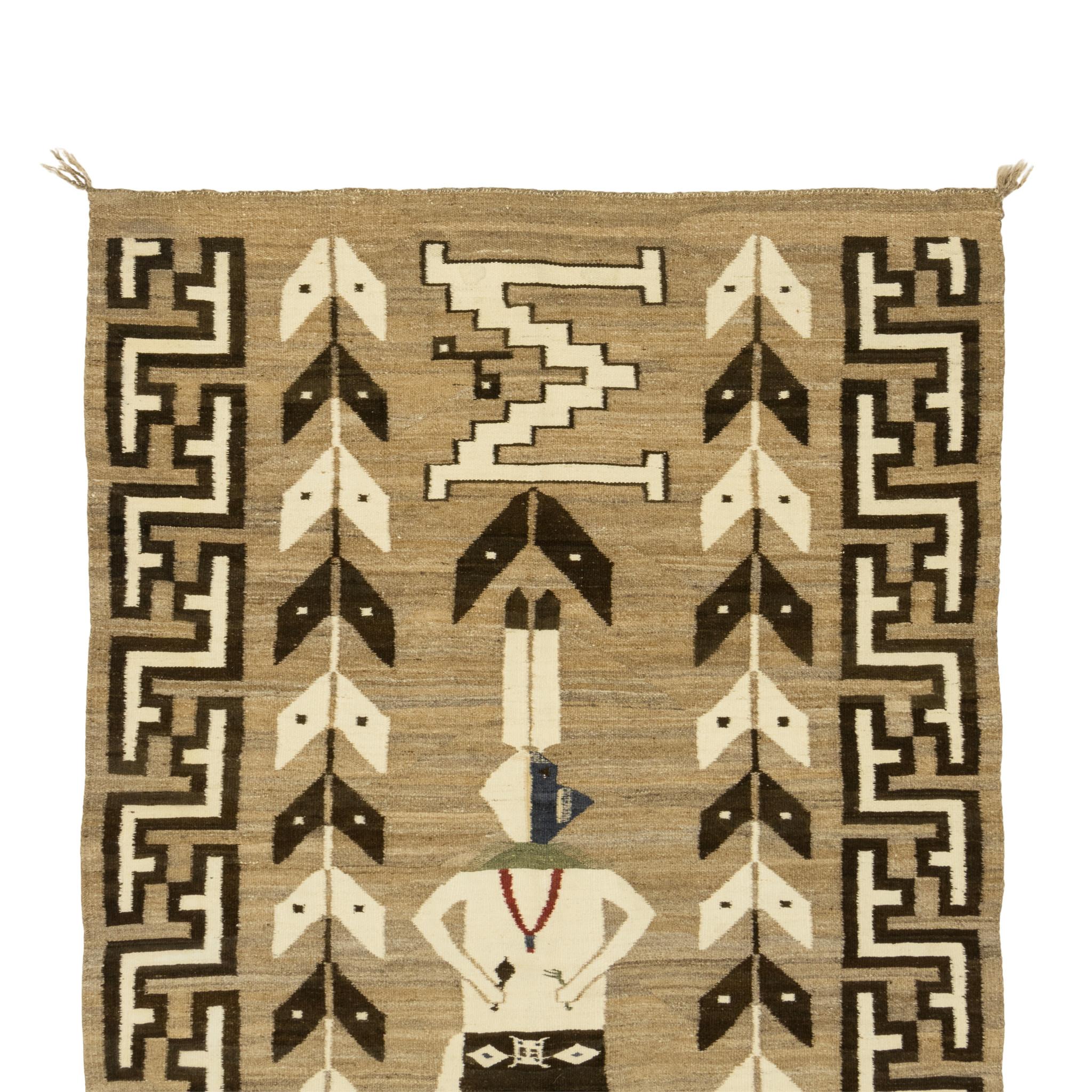 Native American Navajo Indian single Yei rug weaving. In great original condition. Portrays single yei figure in center with feathered arrow designs going up either side. On top and underneath the yei are two letter 