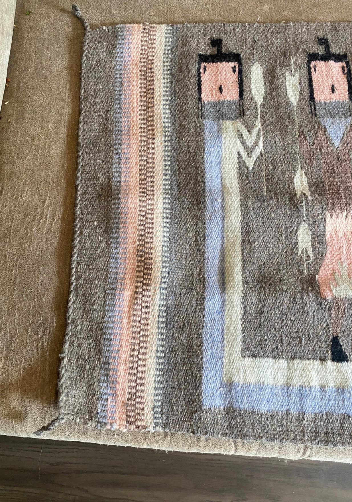 Native American Navajo Yei Yeibichai Handwoven Pictorial Wool Rug Blanket (Handgewebt) im Angebot