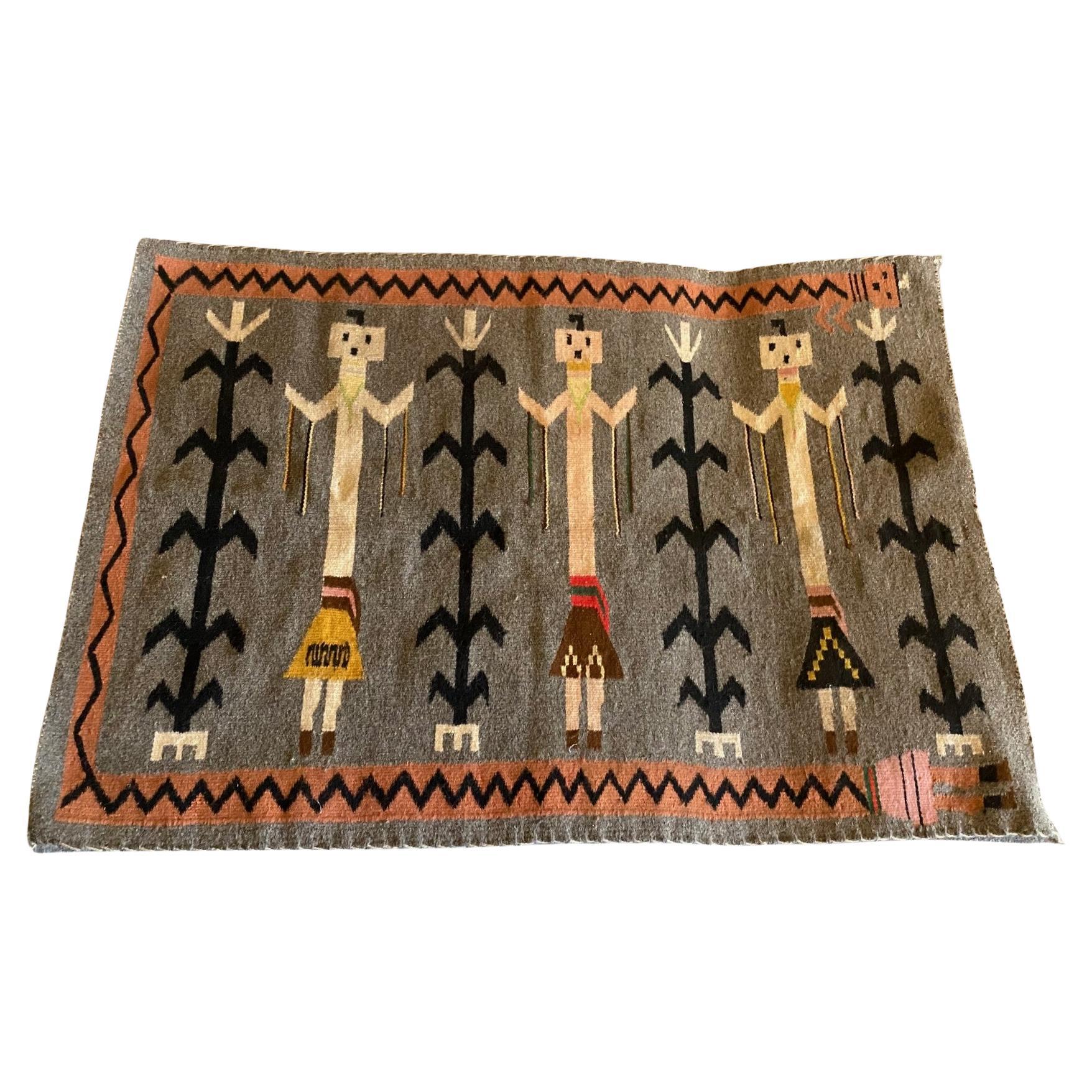 Native American Navajo Yei Yeibichai Handwoven Pictorial Wool Rug Blanket