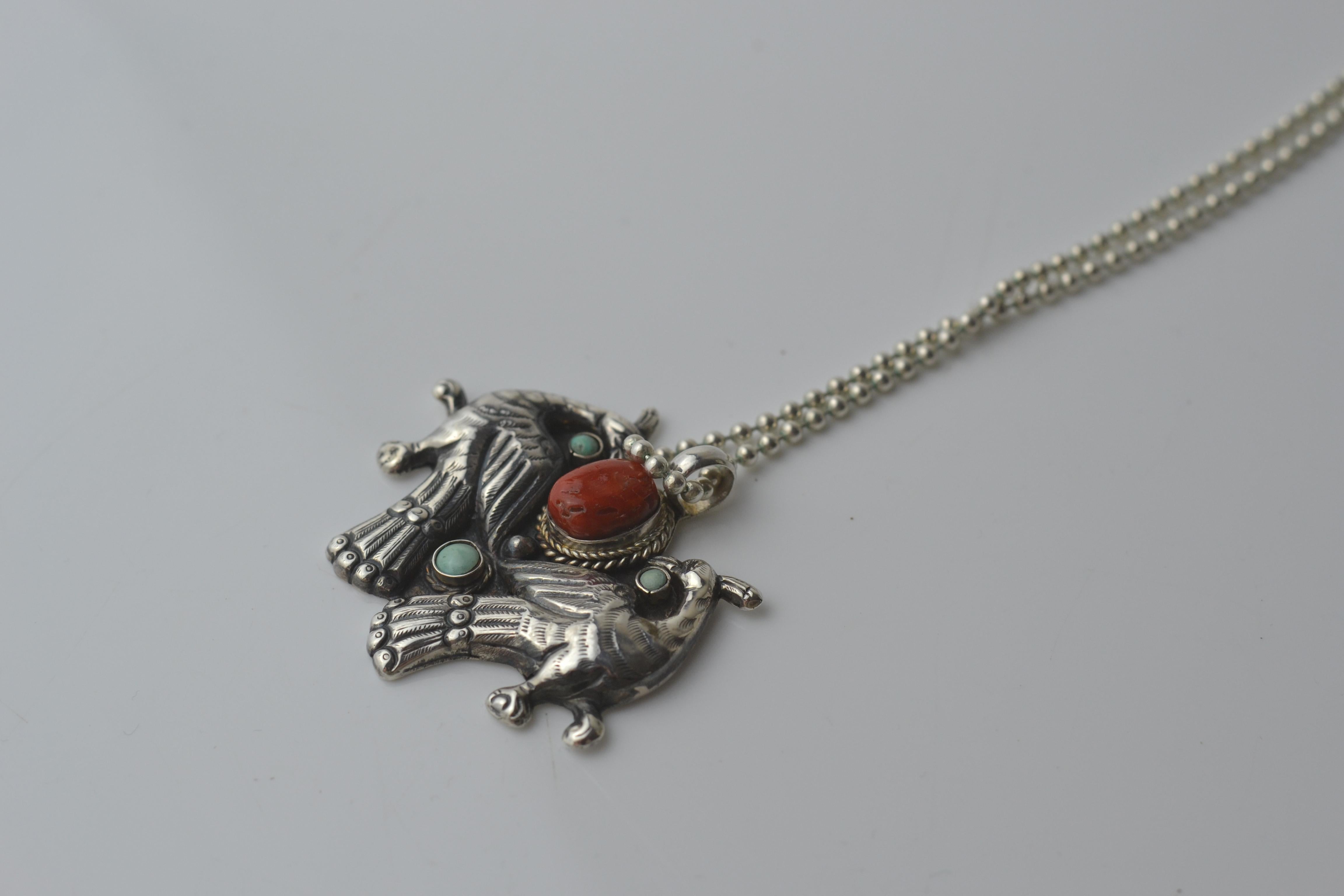 Native American Navajo/Zuni turquoise & coral bird pendant in sterling silver For Sale 1