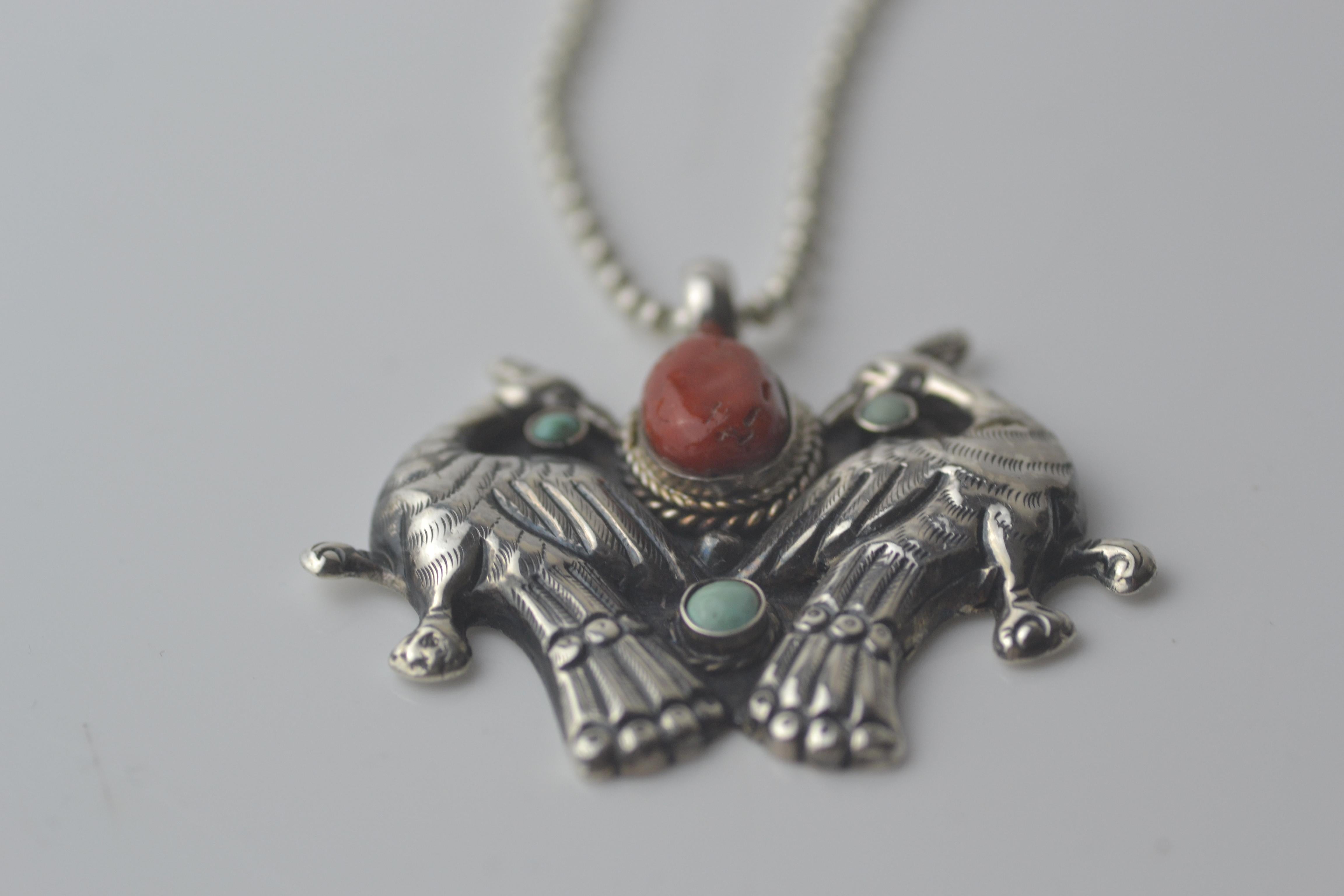 Native American Navajo/Zuni turquoise & coral bird pendant in sterling silver For Sale 4