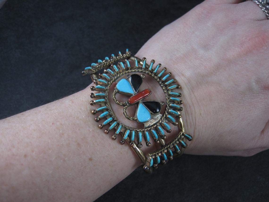 Women's Native American Needlepoint Turquoise Inlay Butterfly Cuff Bracelets  For Sale