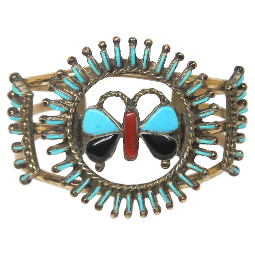 Bracelets manchettes papillon avec incrustation de turquoise et point de croix amérindien
