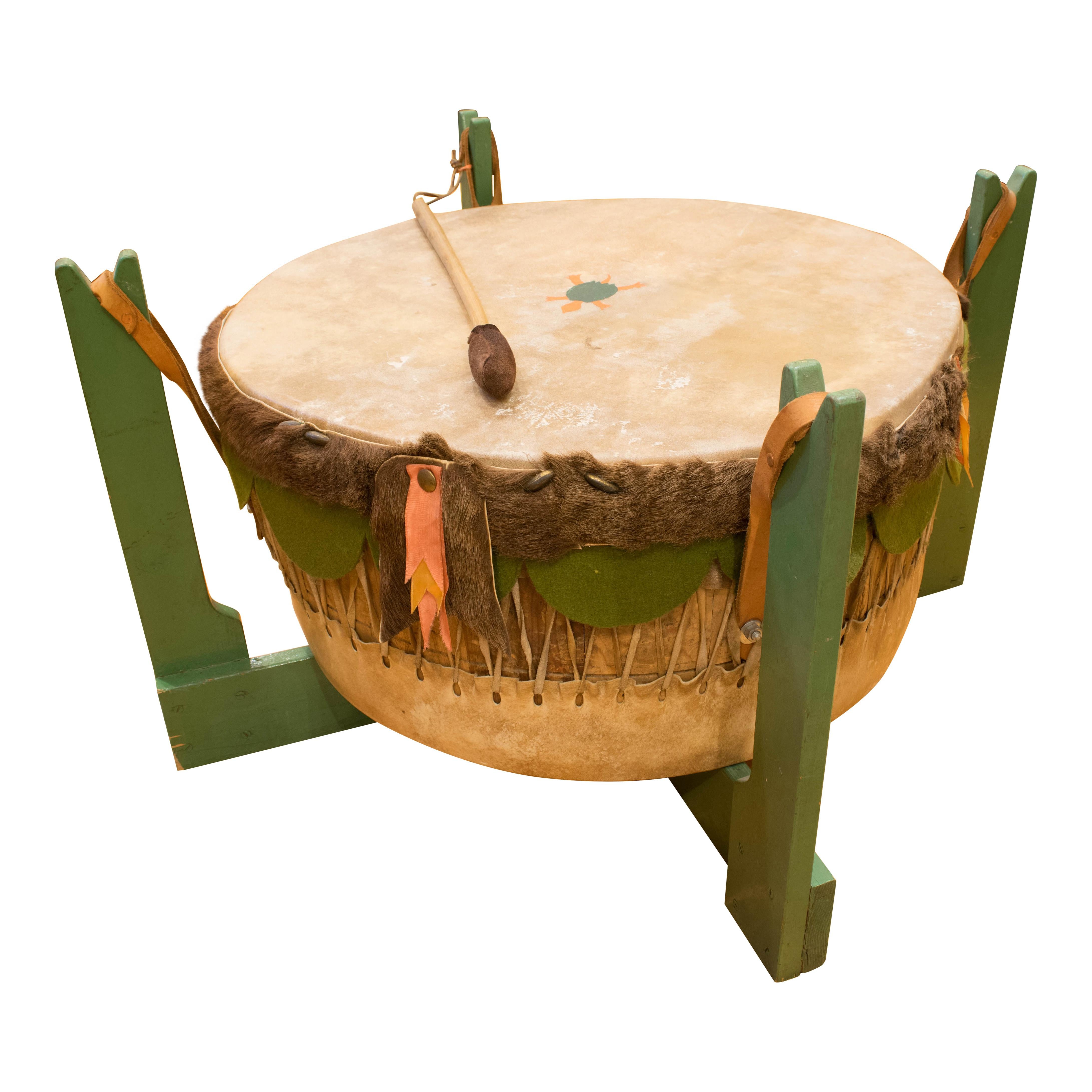 Ojibwe Pow Wow drum from Wisconsin. Originally mounted above ground with sticks pounded into the ground, having 