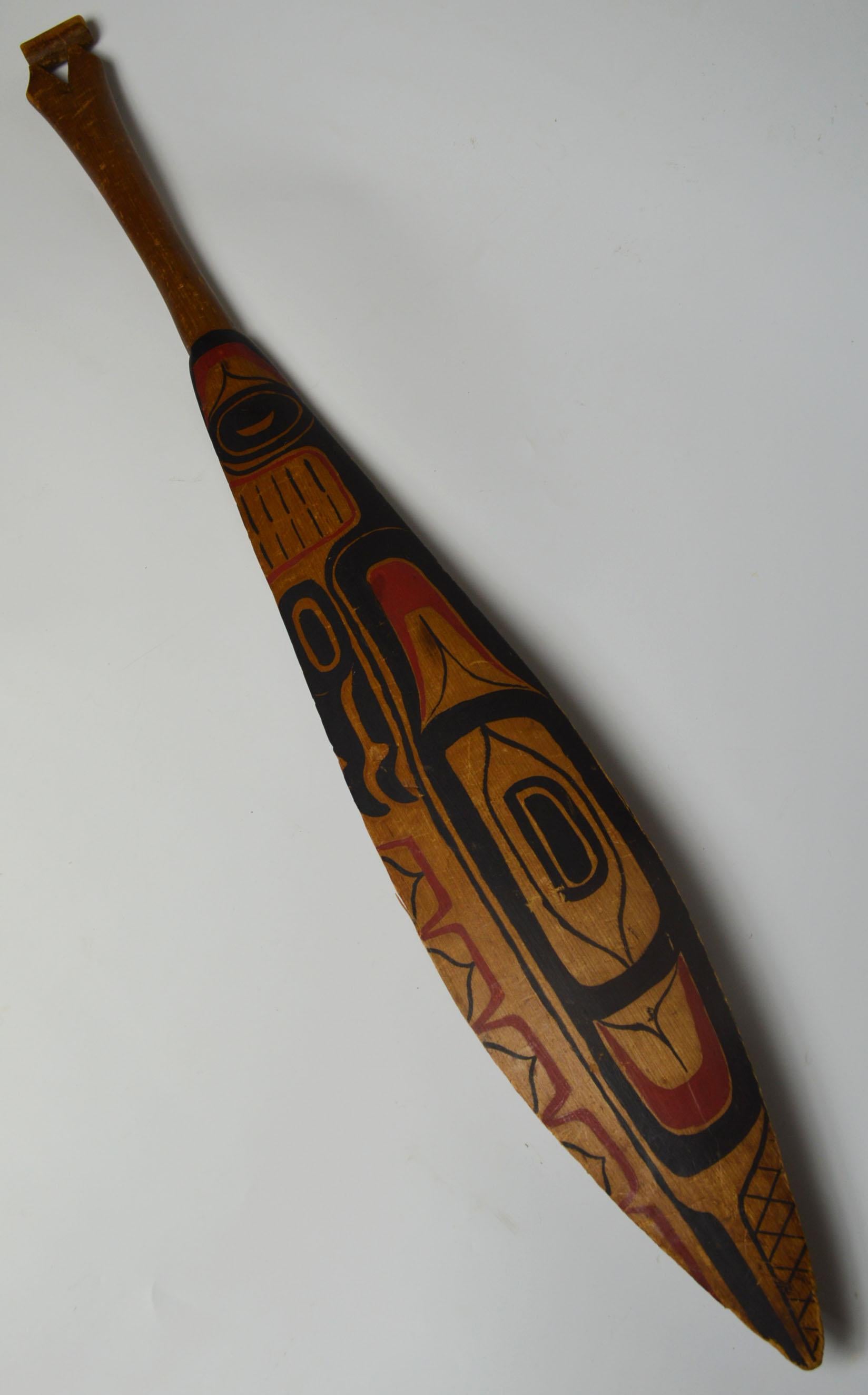 Native American old north west coast painted cedar dance paddle Haida Tlingit
A fine painted cedar dance paddle painted with abstract eagle orca and masked birds designs
Period: circa 1870-1900
Measures: Length 84 cm 33 inches
Condition: