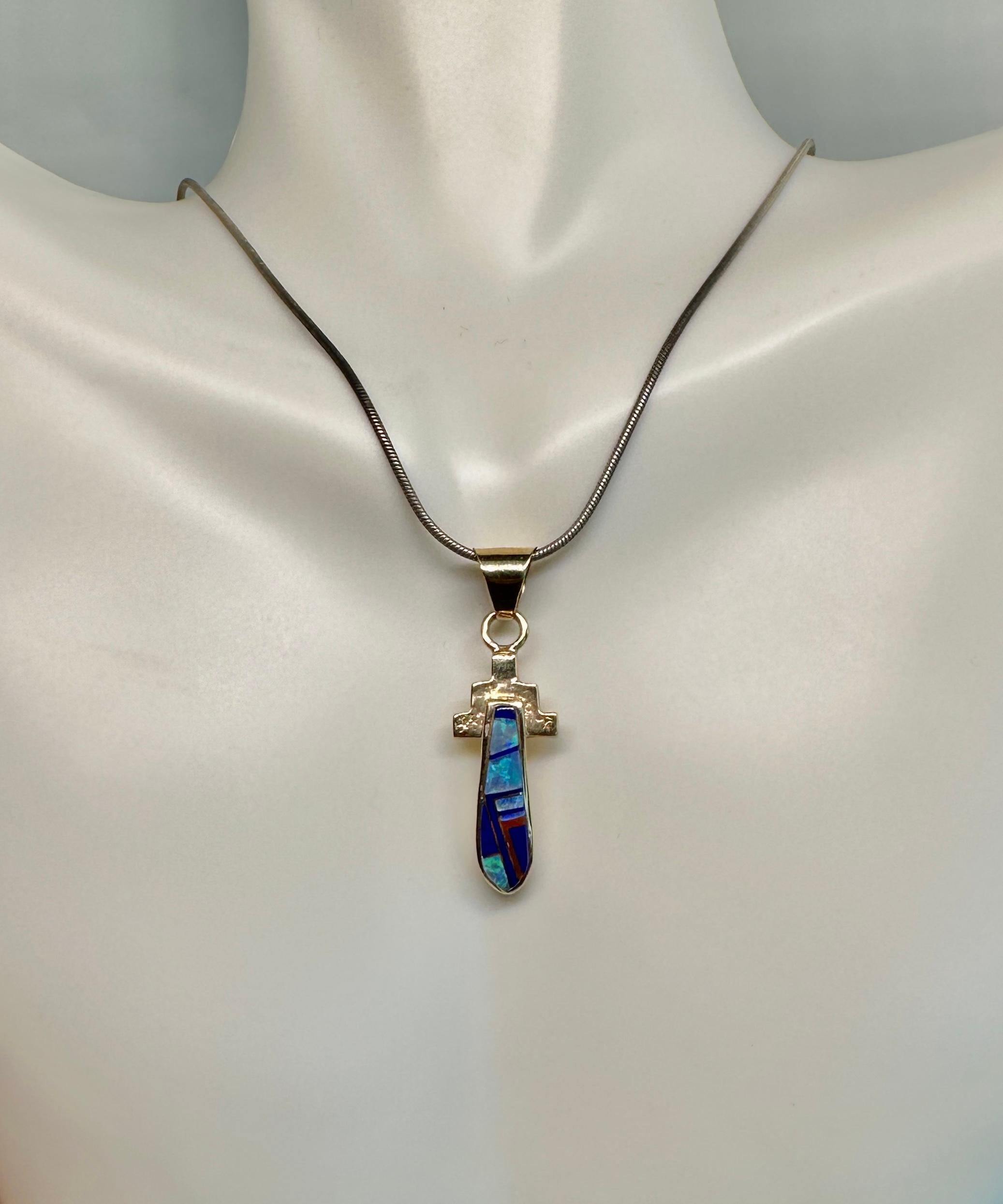 Mixed Cut Native American Opal Lapis Pendant Necklace Yellow Gold Signed For Sale