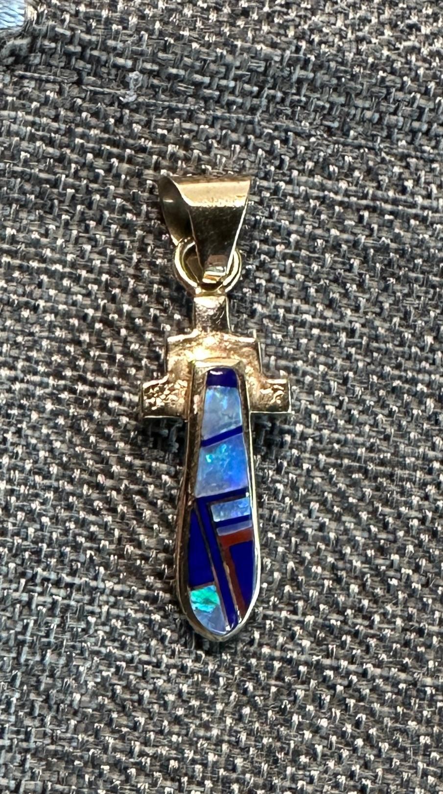 Native American Opal Lapis Pendant Necklace Yellow Gold Signed In Good Condition For Sale In New York, NY