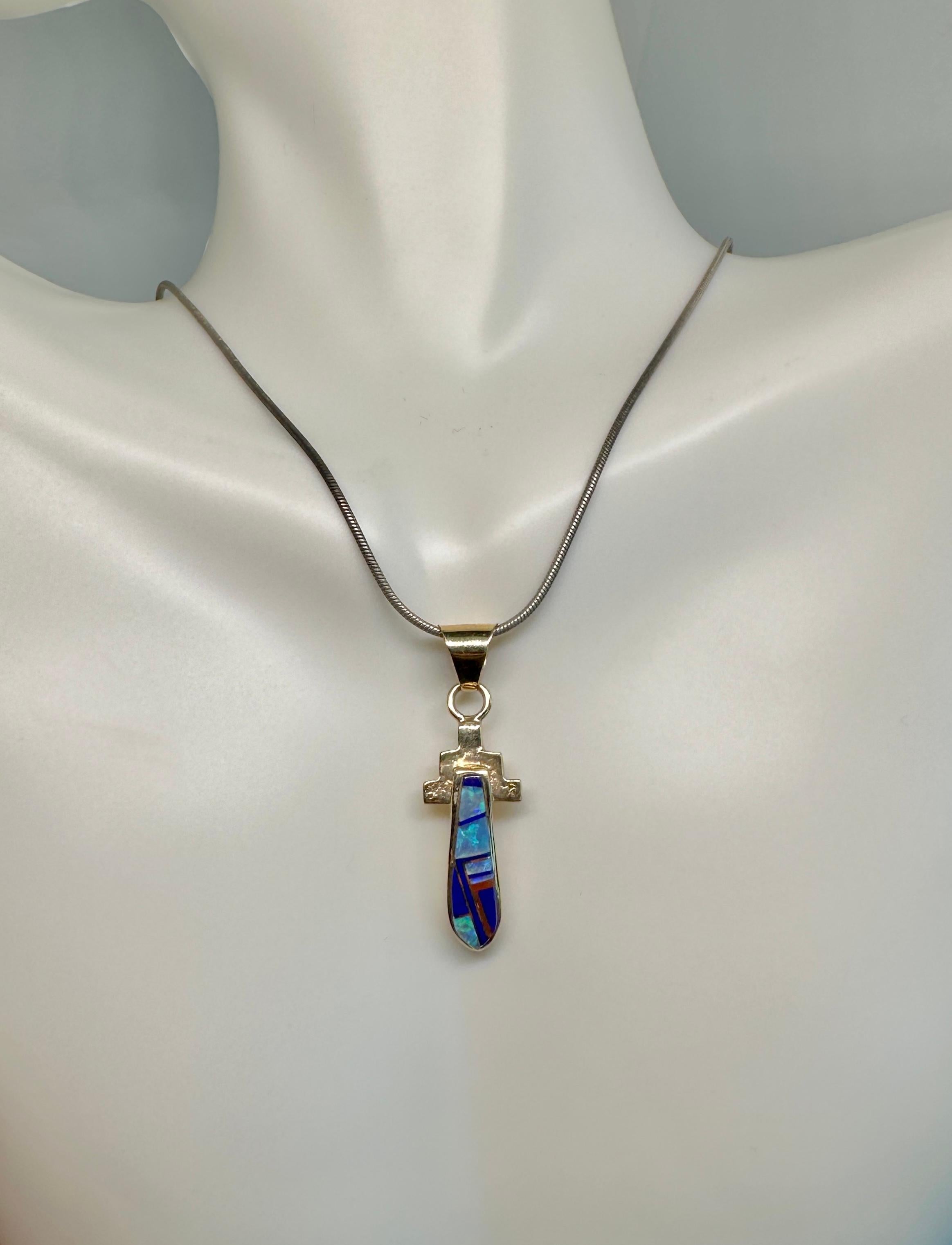 Women's or Men's Native American Opal Lapis Pendant Necklace Yellow Gold Signed For Sale