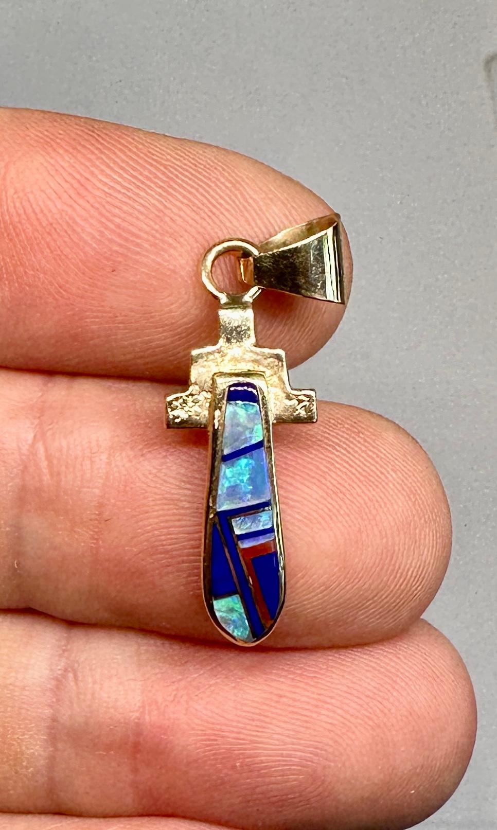 Native American Opal Lapis Pendant Necklace Yellow Gold Signed For Sale 1