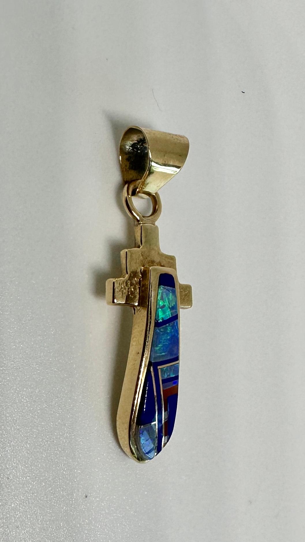 Native American Opal Lapis Pendant Necklace Yellow Gold Signed For Sale 2