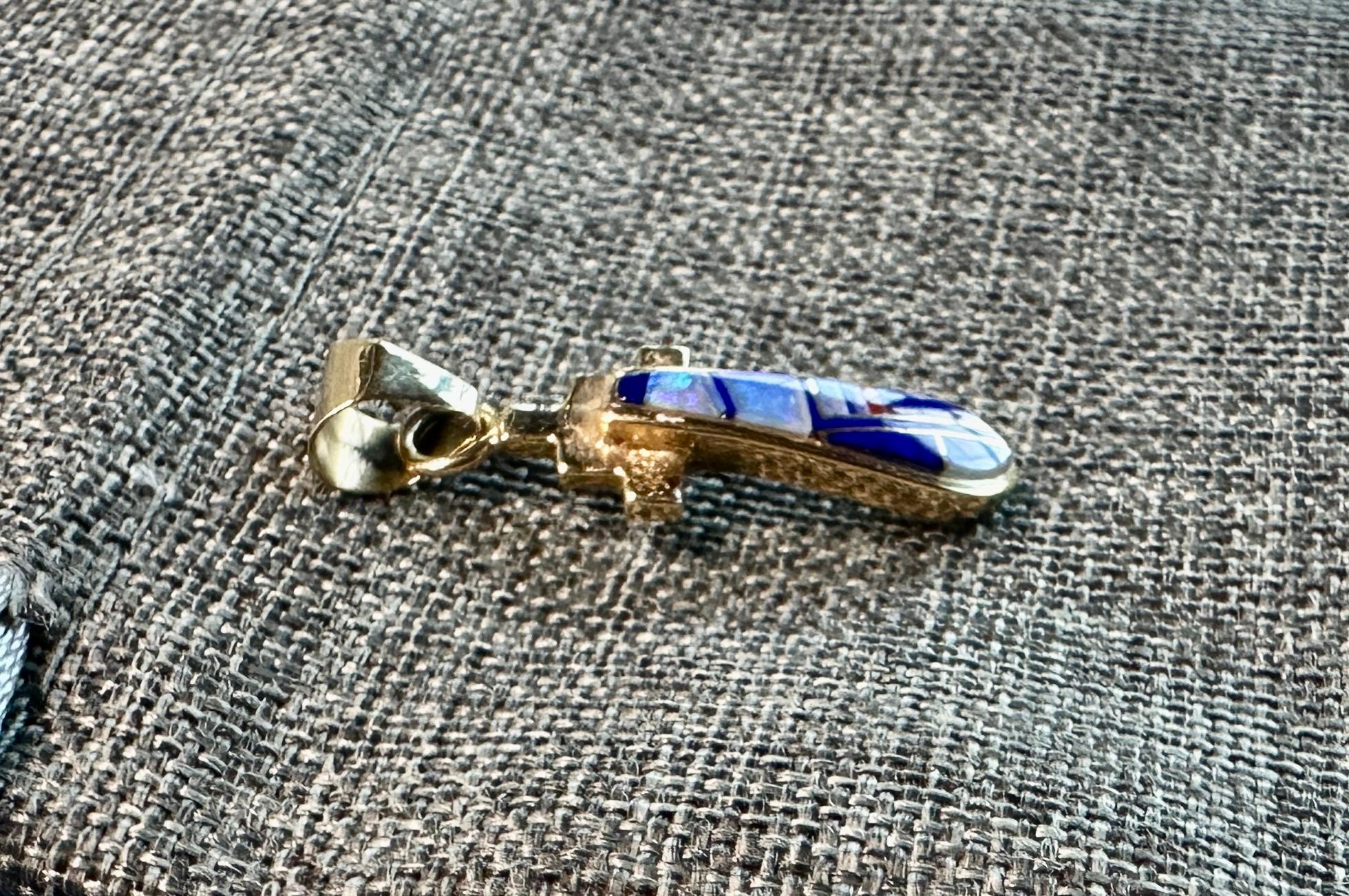 Native American Opal Lapis Pendant Necklace Yellow Gold Signed For Sale 3
