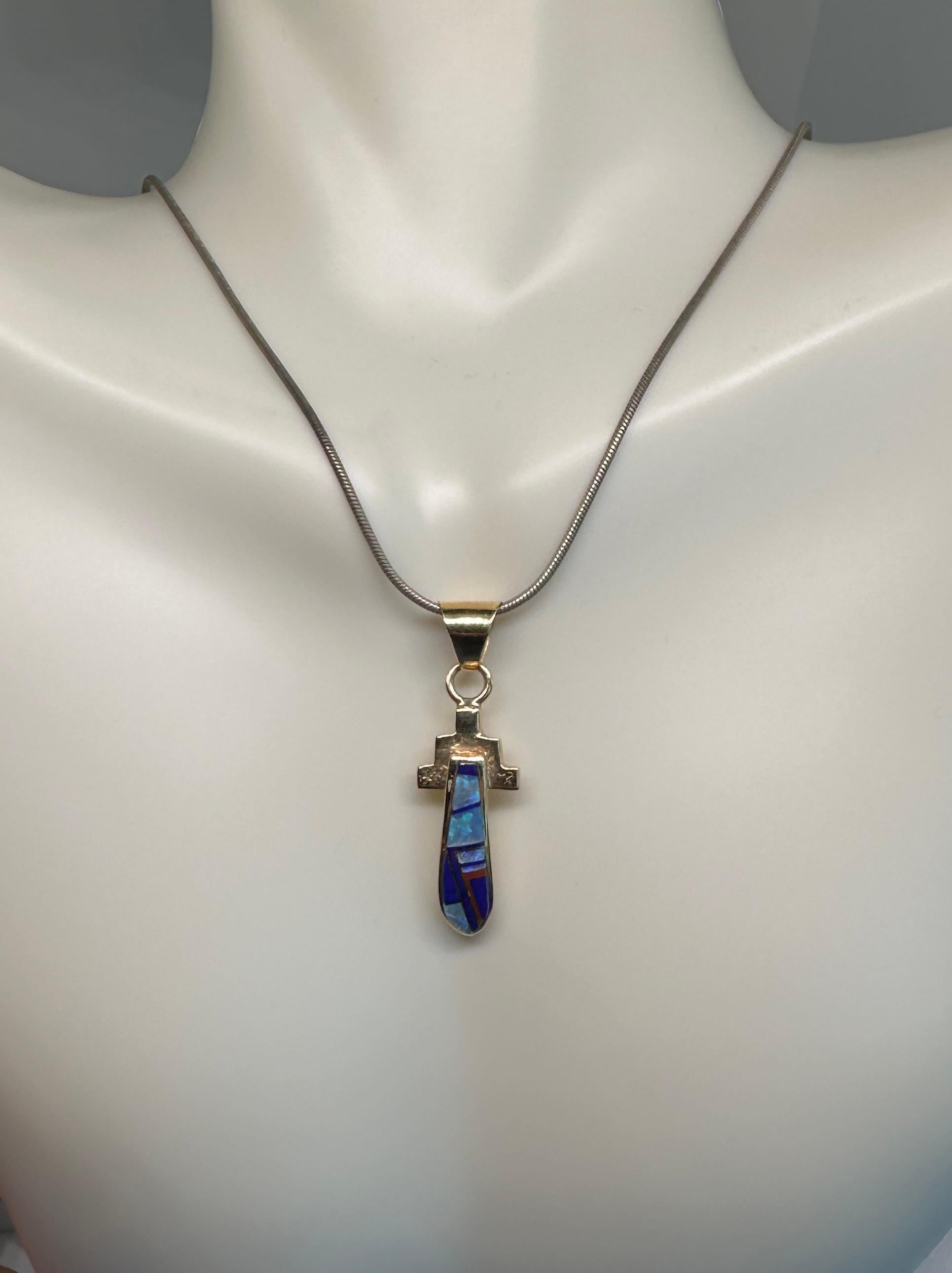 Native American Opal Lapis Pendant Necklace Yellow Gold Signed For Sale 4