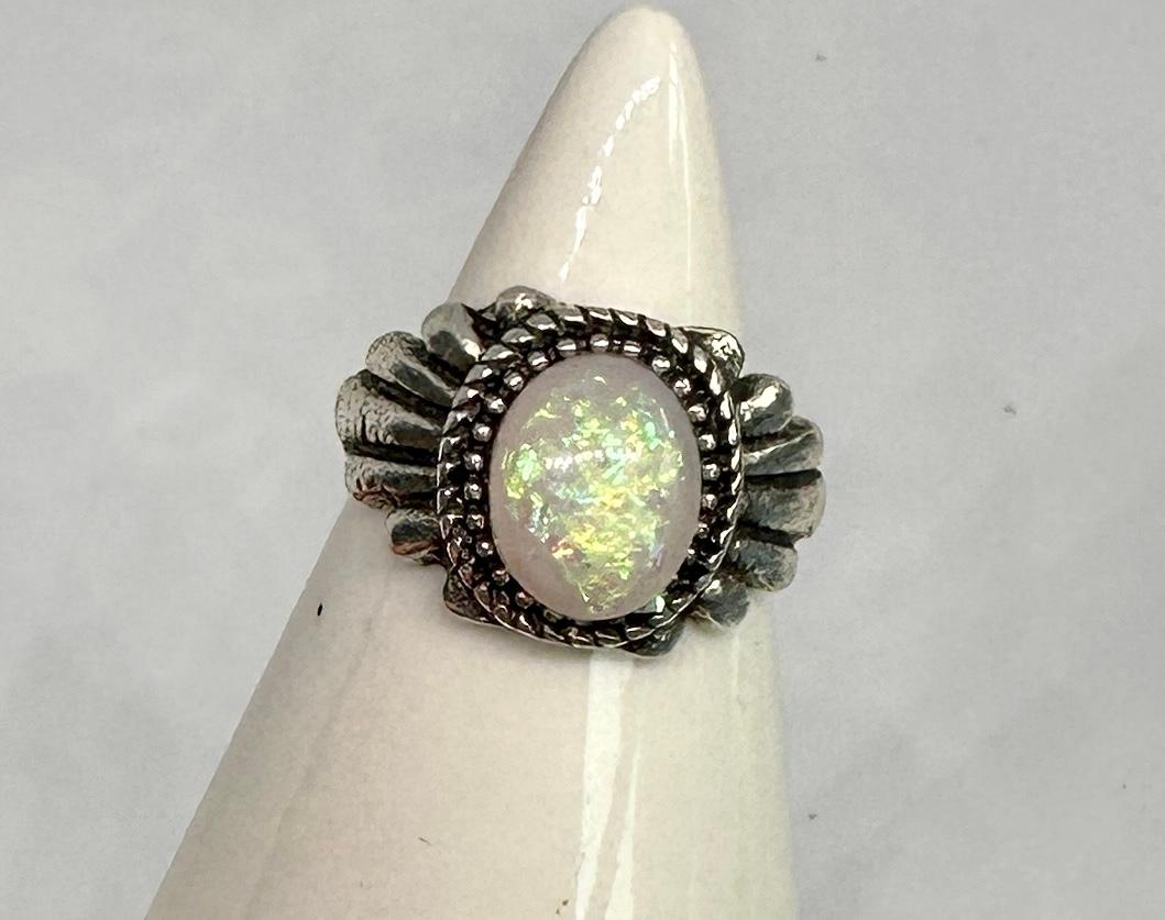 Cabochon Native American Opal Ring 2.5 Carat Antique Silver For Sale