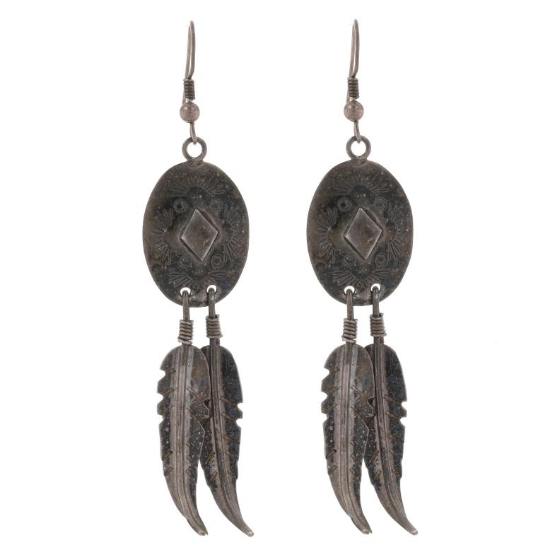 Native American

Metal Content: 925 Sterling Silver

Style: Dangle 
Fastening Type: Fishhook Closures
Features:  Etched Detailing

Measurements

Tall: 3