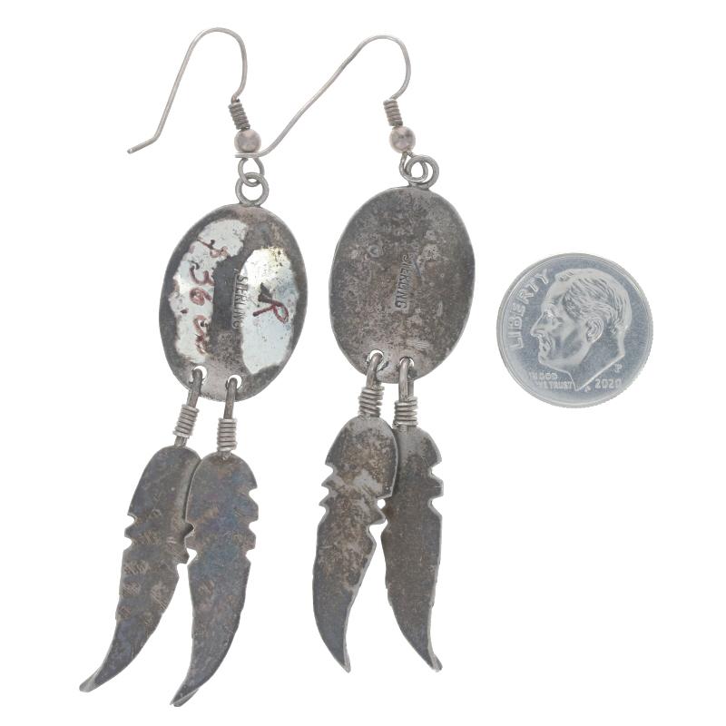 Women's Native American Oval Feather Dangle Earrings - Sterling Silver 925 Pierced For Sale