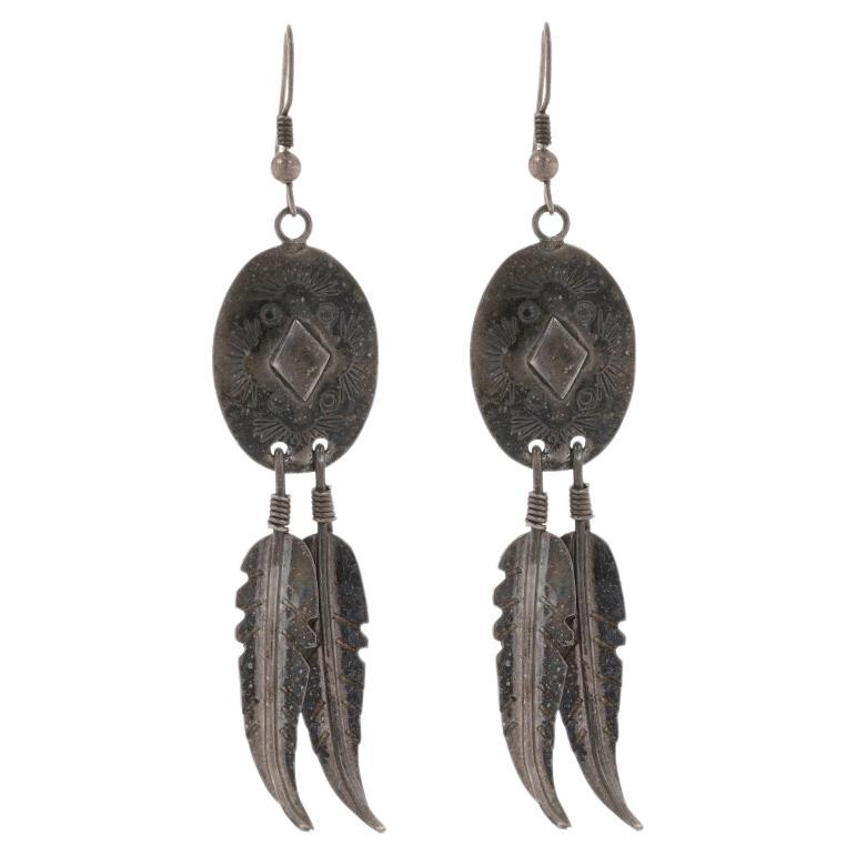 Native American Oval Feather Dangle Earrings - Sterling Silver 925 Pierced For Sale