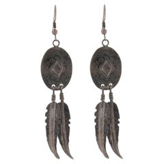 Native American Oval Feather Dangle Earrings - Sterling Silver 925 Pierced