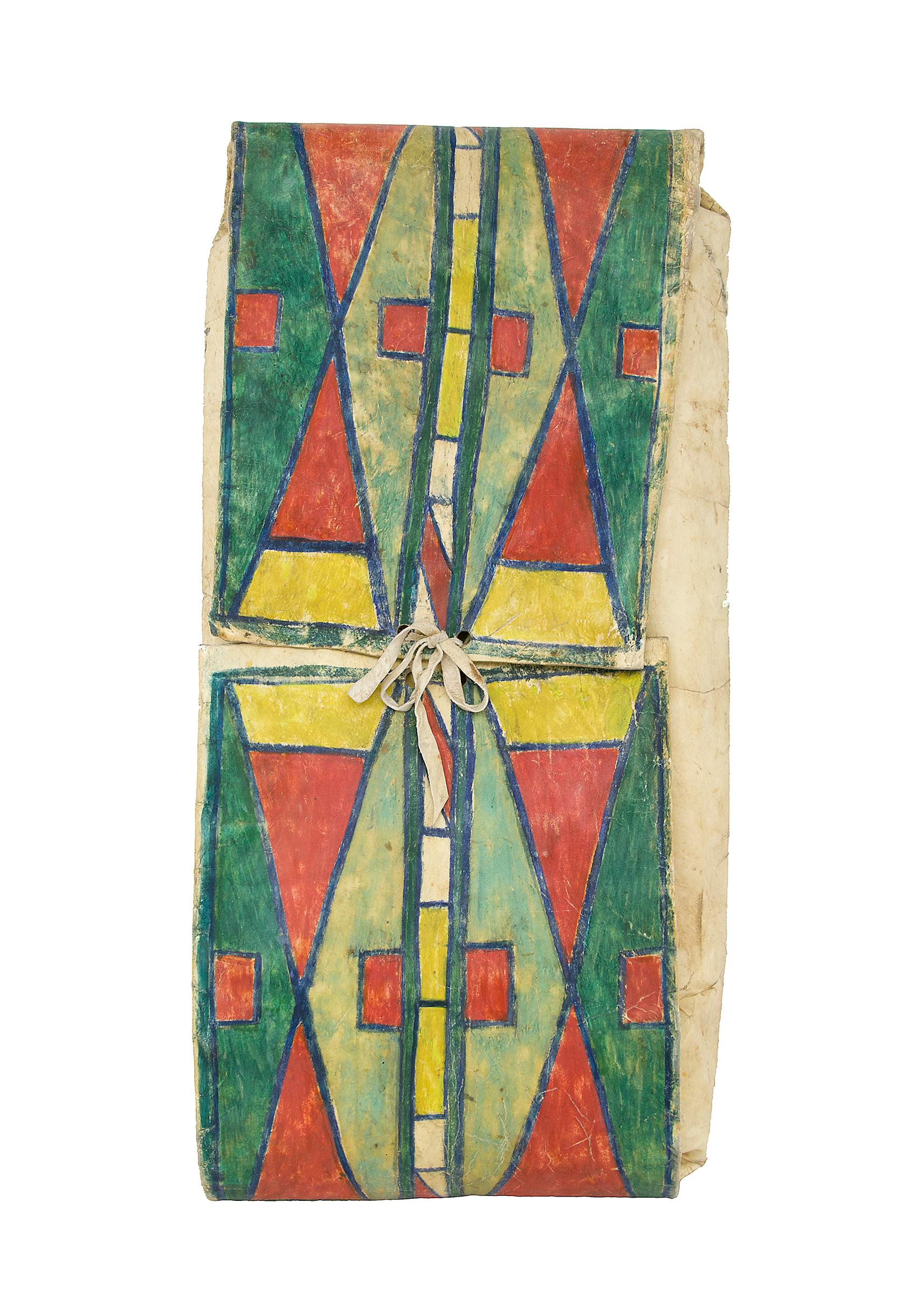 Vintage antique 19th century Native American Parfleche container in an envelope form, finely painted in colors of green, yellow and blue in an abstract geometric design by a Crow artist (North American Plains Indian). Makes a stunning Abstract