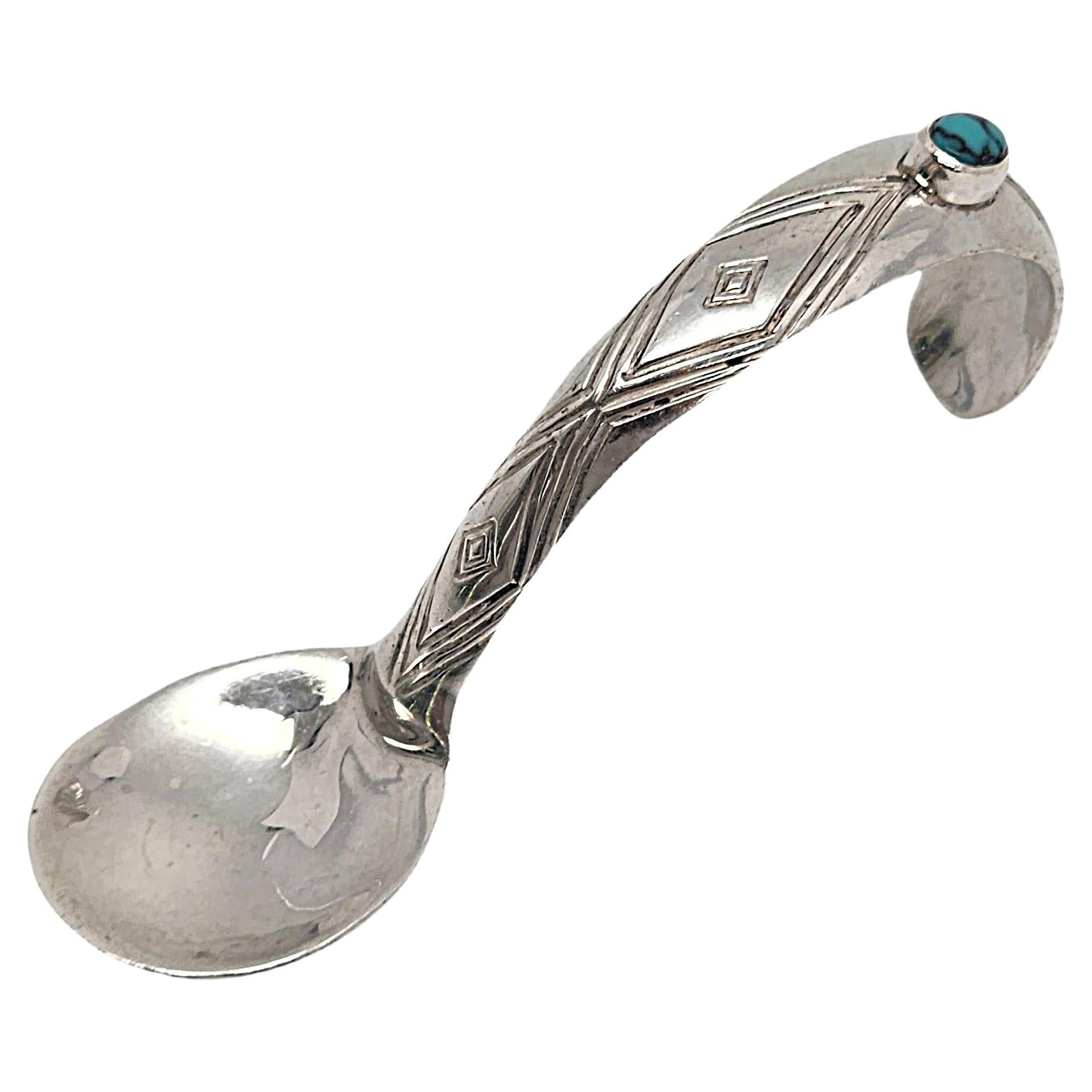 Native American Patrick Yellowhorse Sterling Silver Turquoise Baby Spoon #15717 For Sale
