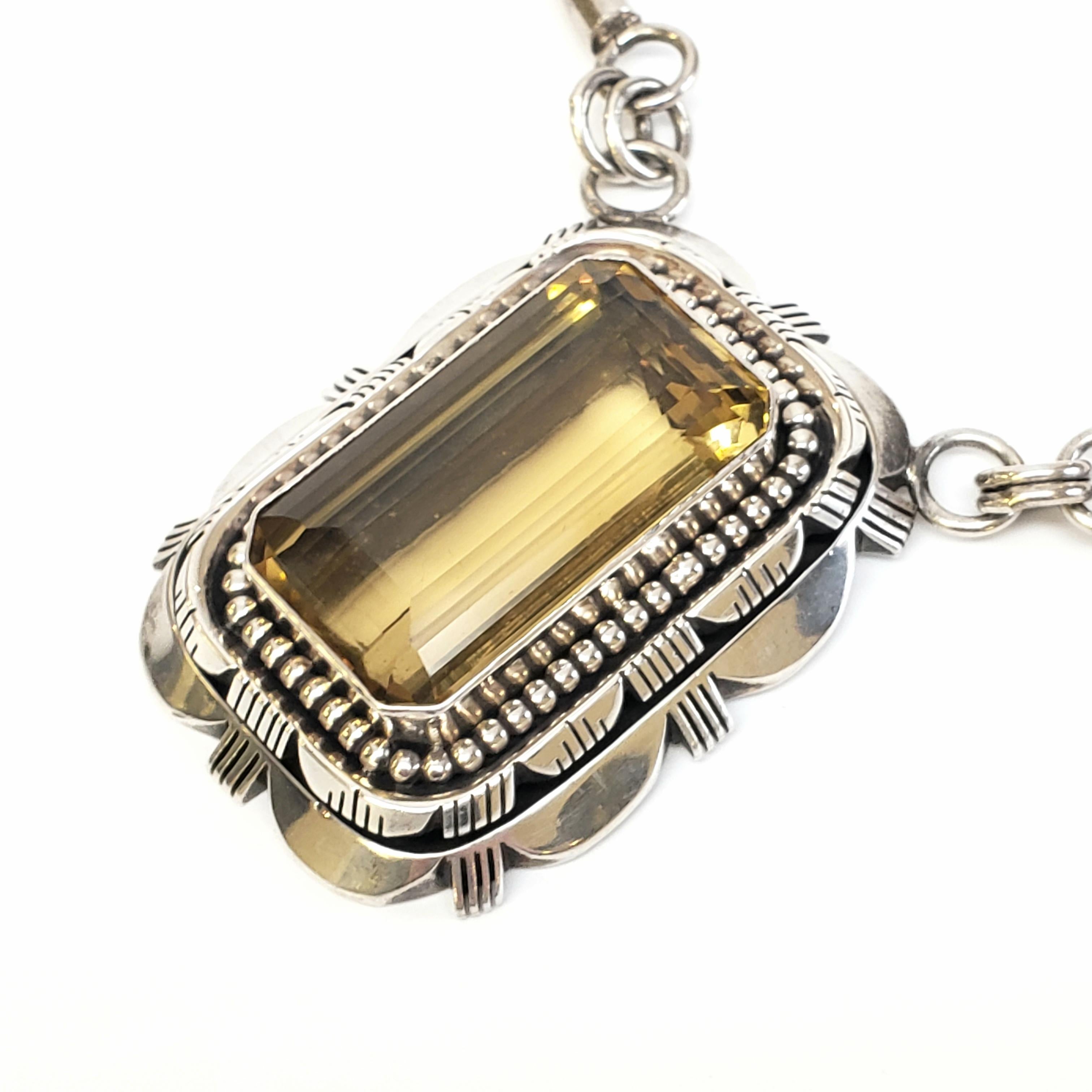 Round Cut Native American Paul Livingston Sterl Silver Necklace with Citrine Pendant For Sale