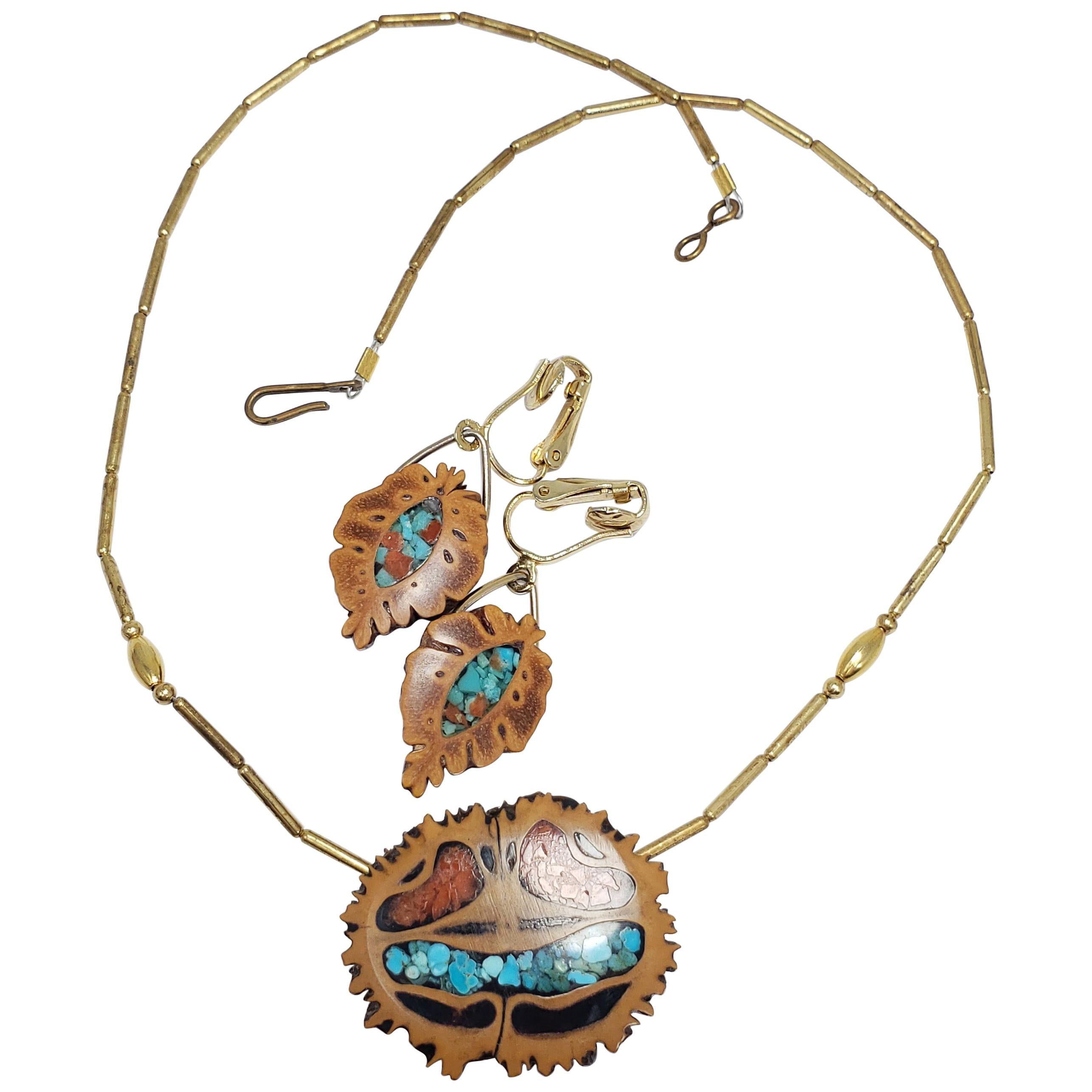 Native American Pendant Necklace Clip On Earrings in Gold, Turquoise, Coral For Sale