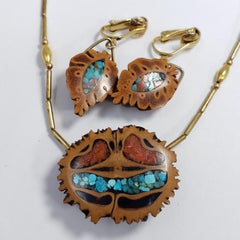 Native American Pendant Necklace Clip On Earrings in Gold, Turquoise, Coral