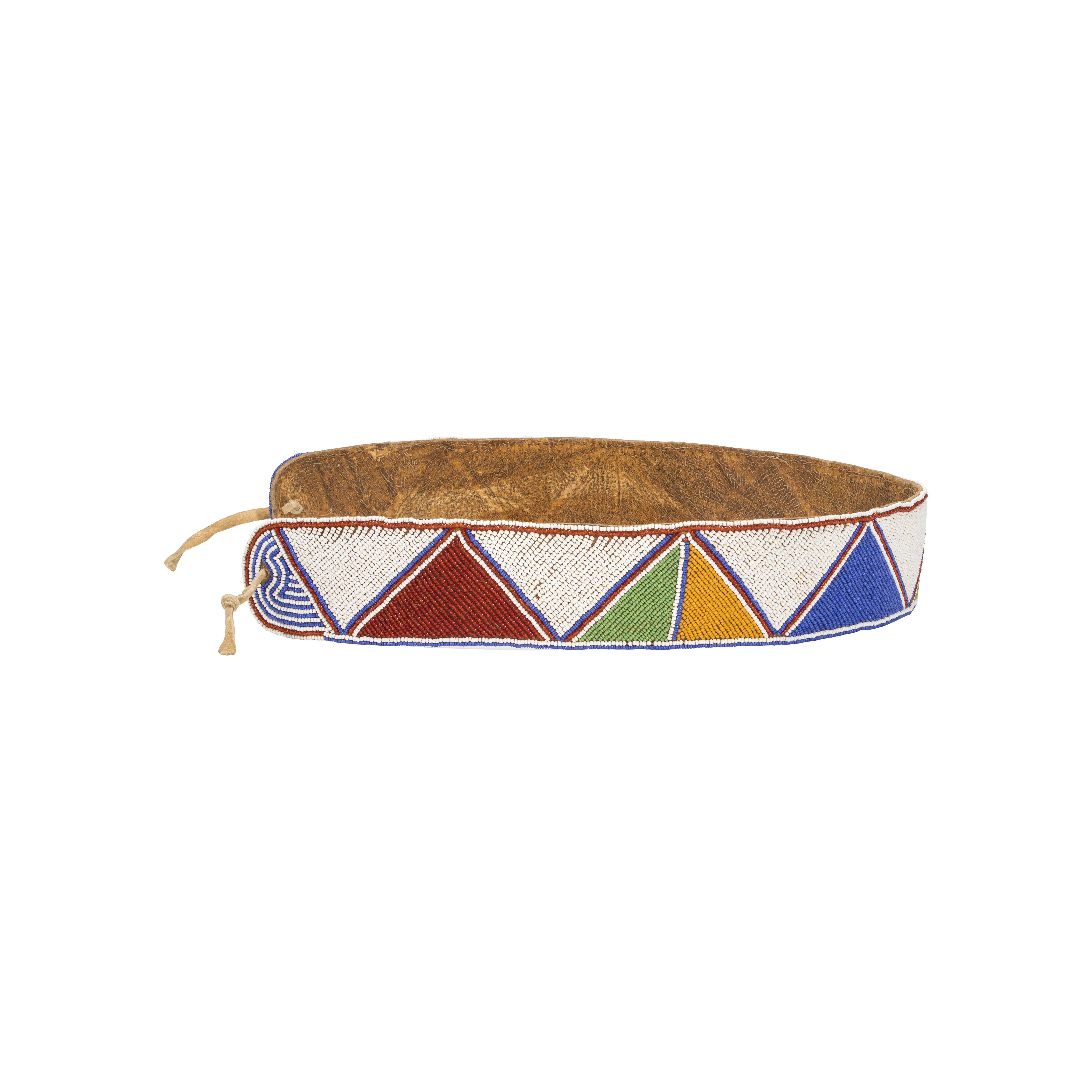 Very nice fully beaded Plateau belt on saddle leather. Note: all back stitches go through. Colors of greasy yellow, red, white, and blue on leather. 

Period: Early 20th Century
Origin: Plateau - Unknown, Native American
Size: 30