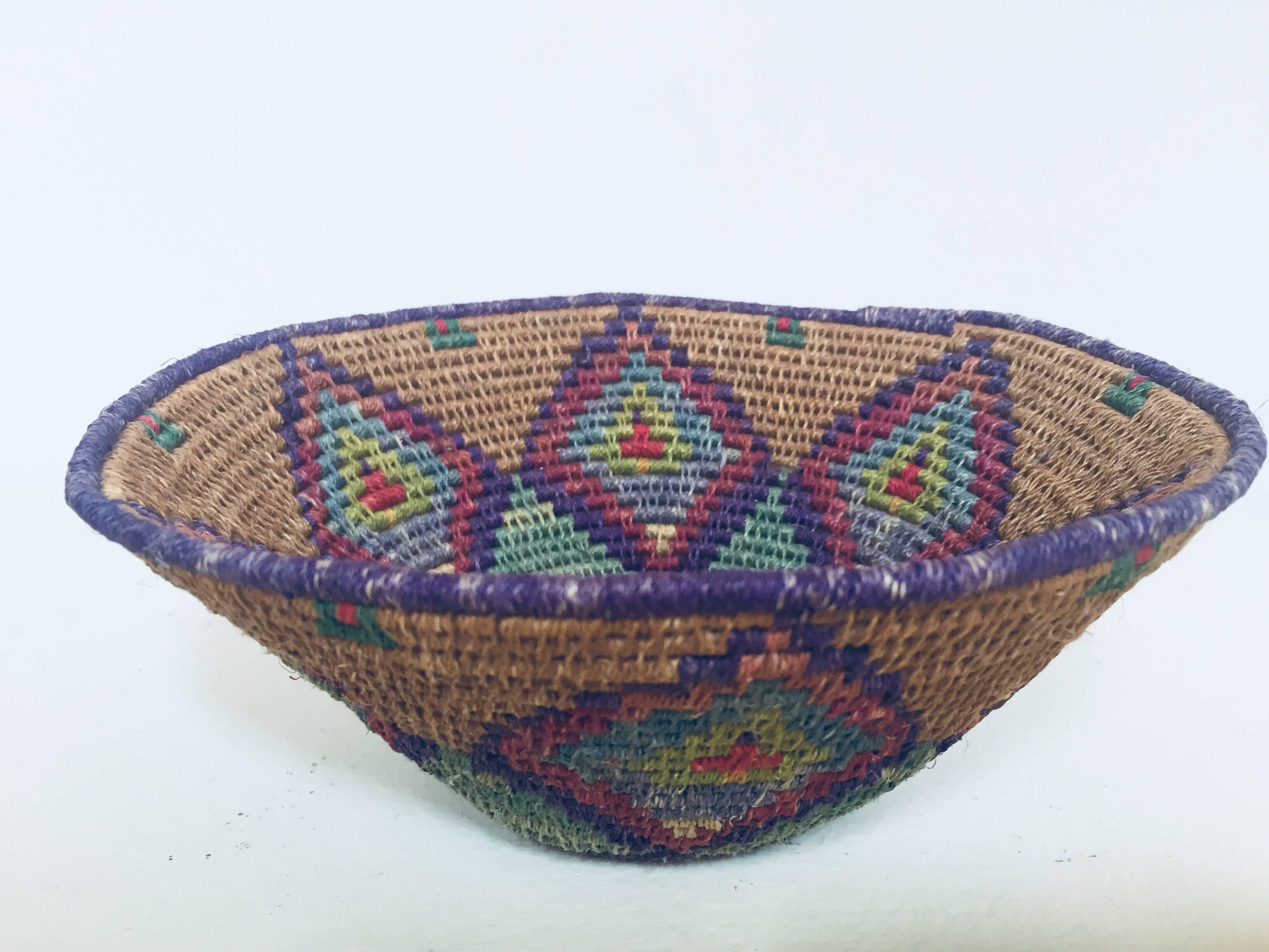 Hand-Woven Native American Polychrome Seagrass and Silk Woven Basket
