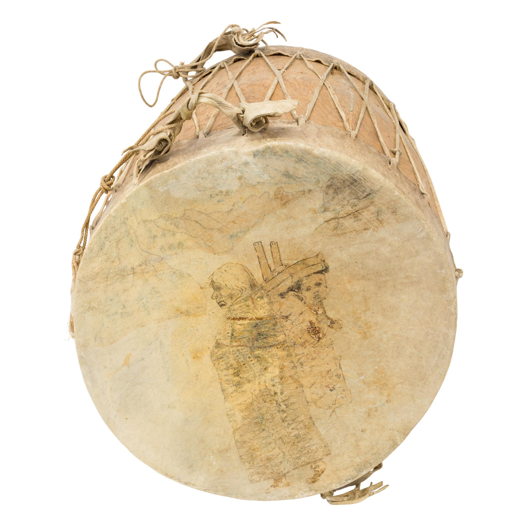 Native American Pueblo Indian pictorial drum of cottonwood log with rawhide. One side having horse and rider hunting buffalo with teepees in the background. The reverse with a Native female carrying a child in a cradleboard. Unusual as has four