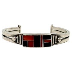 Vintage Native American Ray Tracey Knifewing Seguara Sterling Coral & Onyx Cuff Bracelet