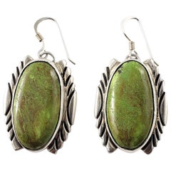 Native American RC Sterling Silver Green Turquoise Wire Hook Earrings