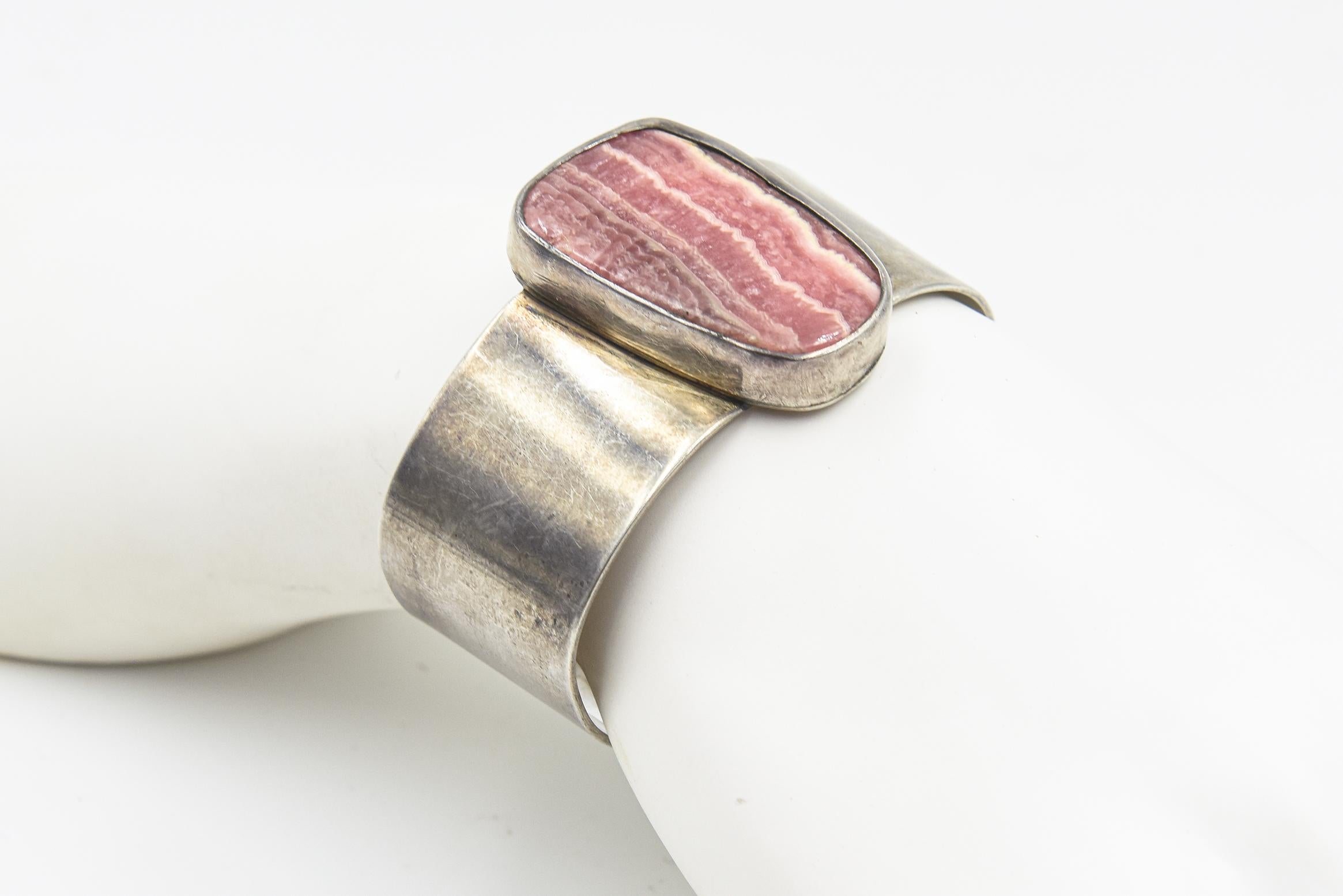 Native American Rhodochrosite Sterling Silver Cuff Bracelet For Sale 8