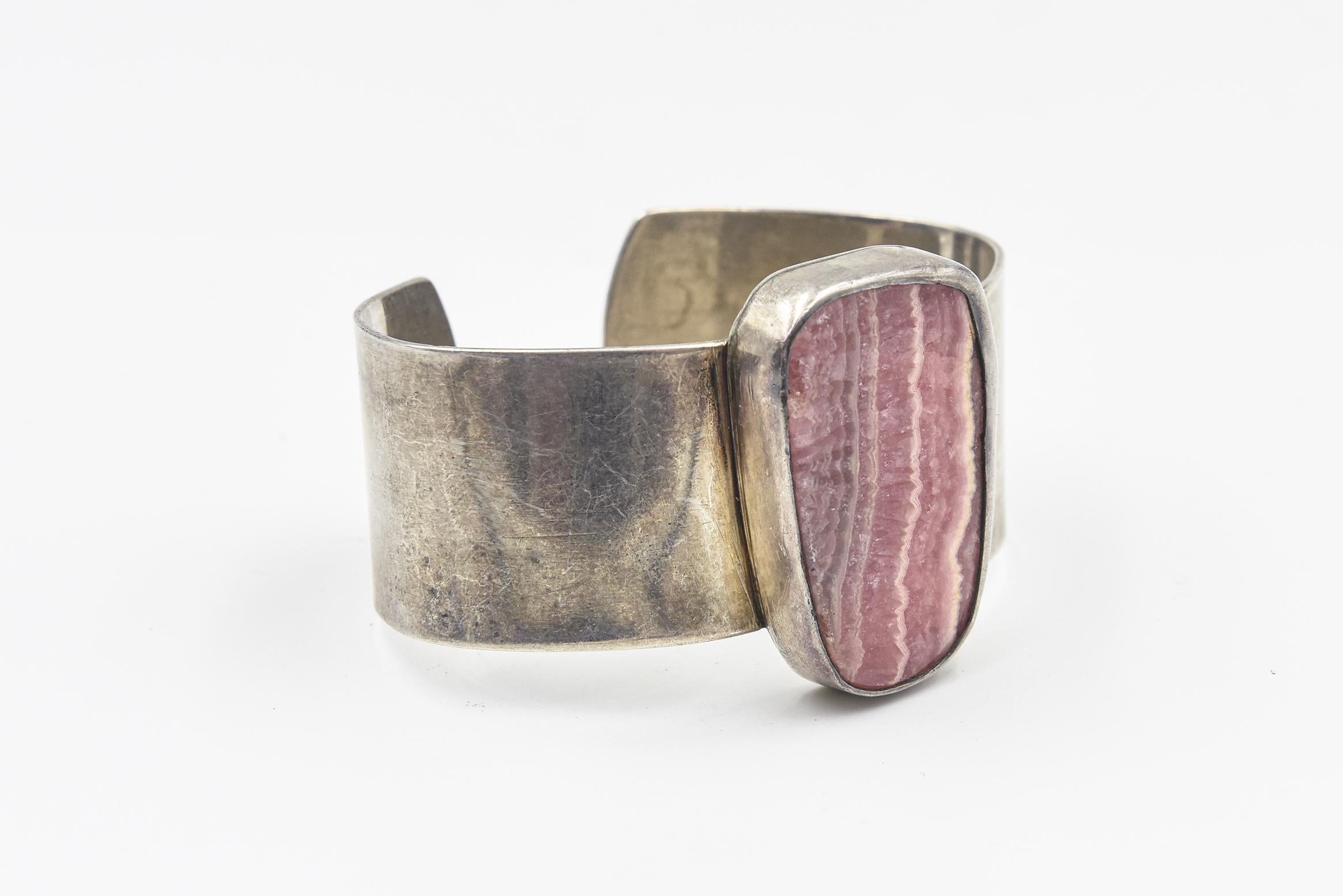 Mixed Cut Native American Rhodochrosite Sterling Silver Cuff Bracelet For Sale