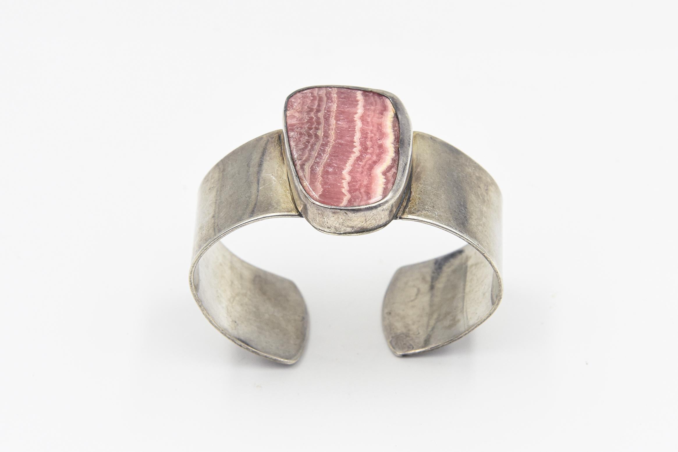 Native American Rhodochrosite Sterling Silver Cuff Bracelet For Sale 1