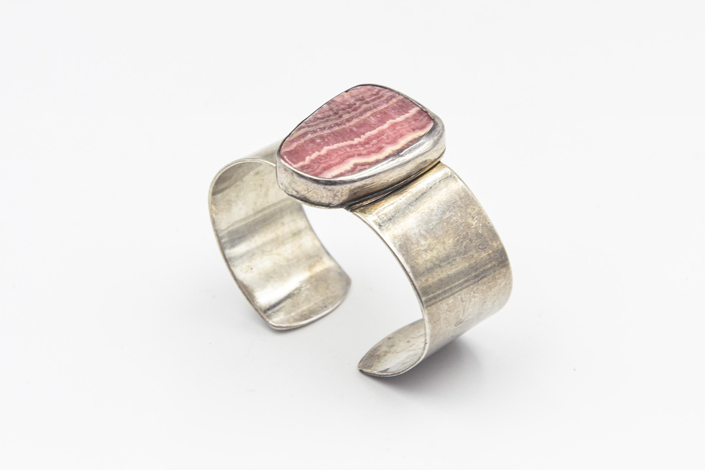 Native American Rhodochrosite Sterling Silver Cuff Bracelet For Sale 2