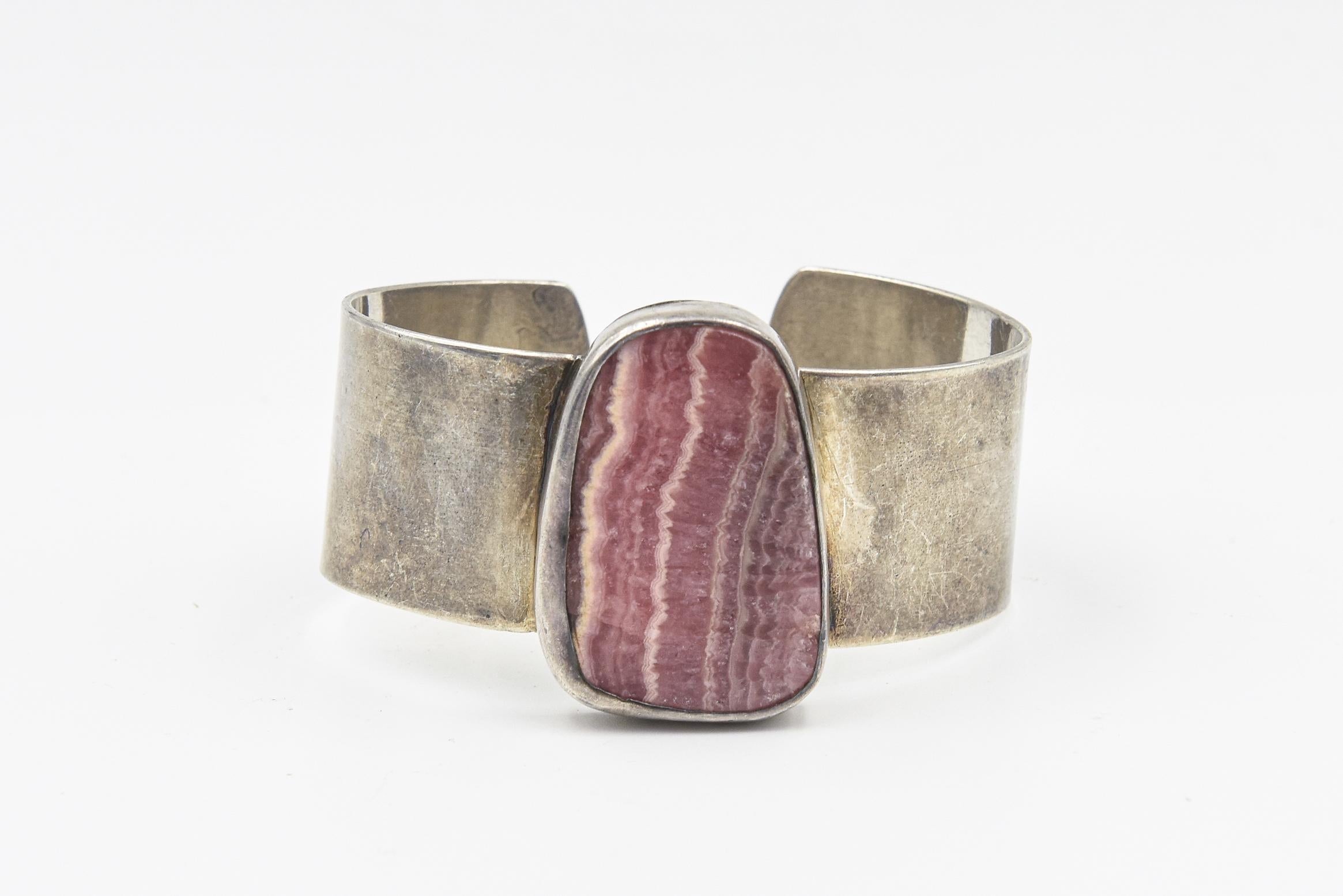 Native American Rhodochrosite Sterling Silver Cuff Bracelet For Sale 4