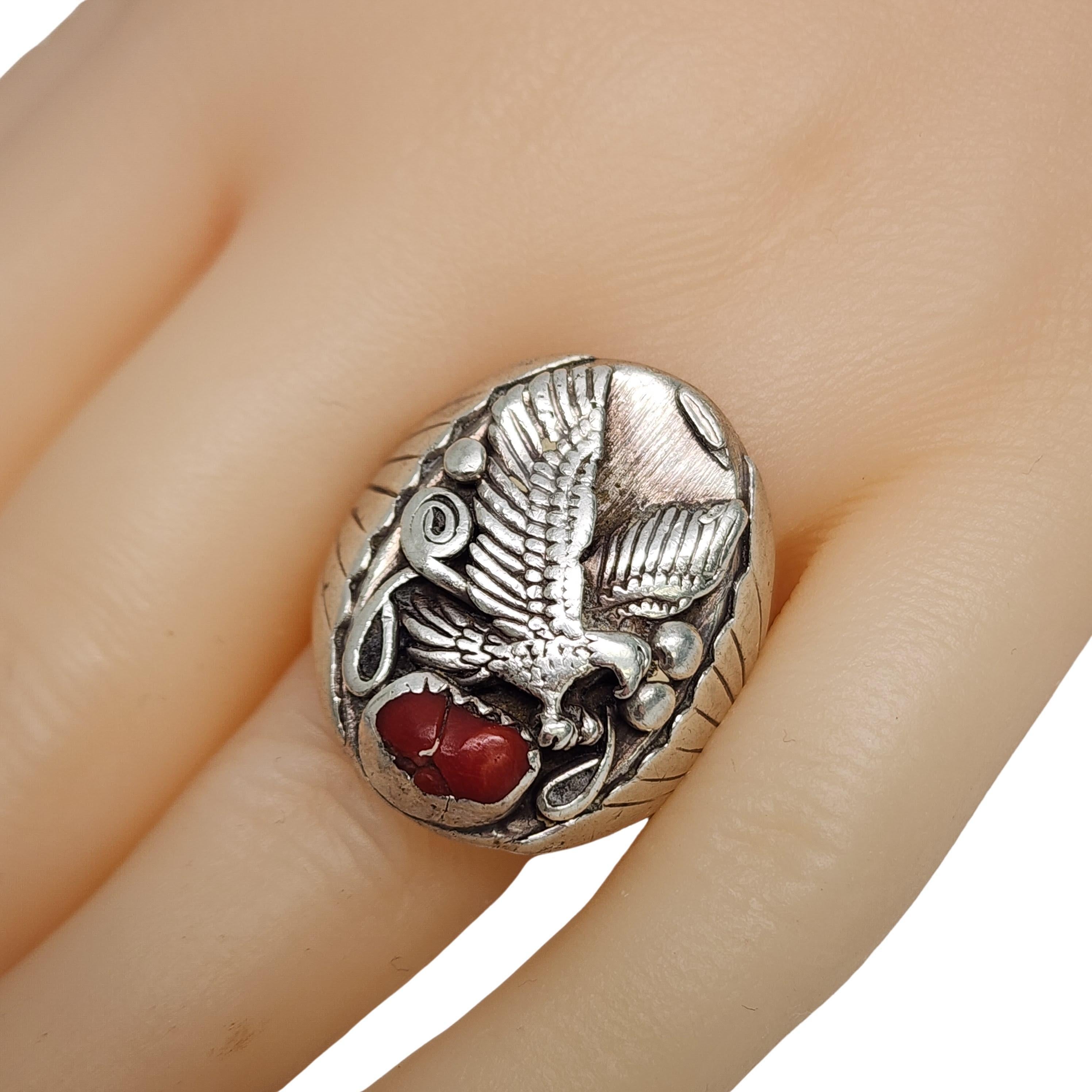 Native American Richard Begay Sterling Silver Eagle Coral Ring Size 10.5 #16704 For Sale 2