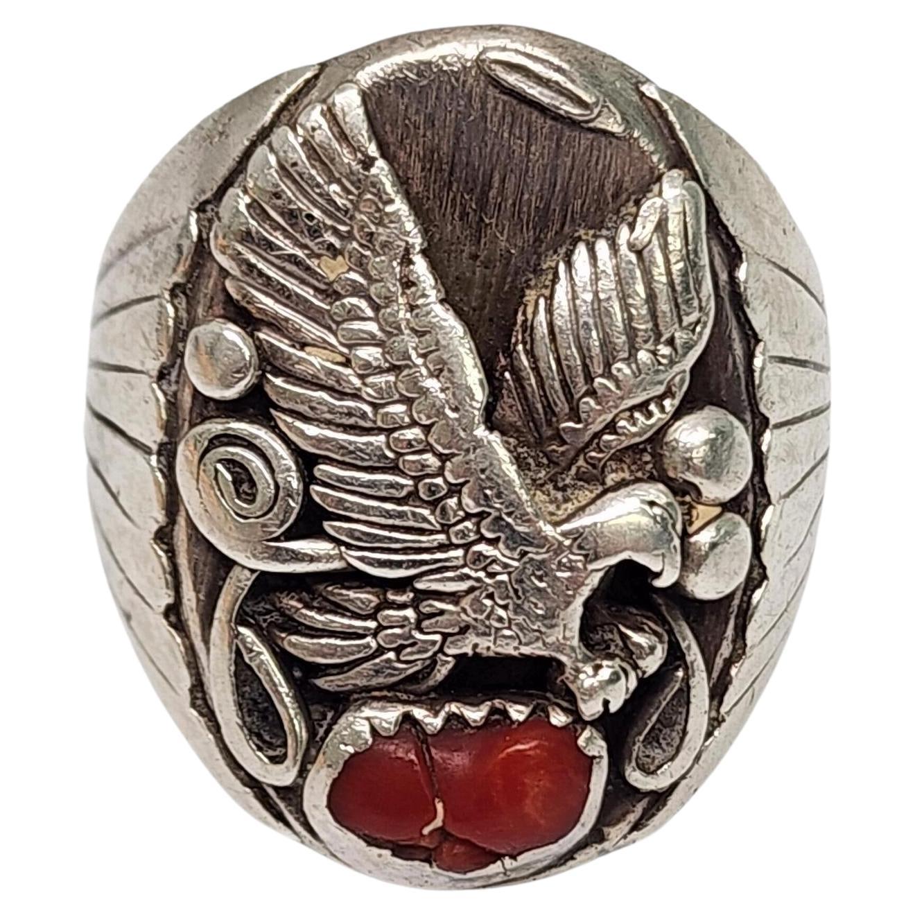 Native American Richard Begay Sterling Silver Eagle Coral Ring Size 10.5 #16704
