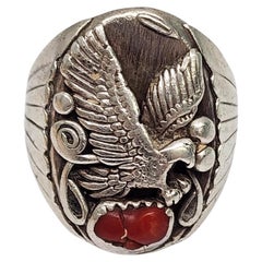 Vintage Native American Richard Begay Sterling Silver Eagle Coral Ring Size 10.5 #16704