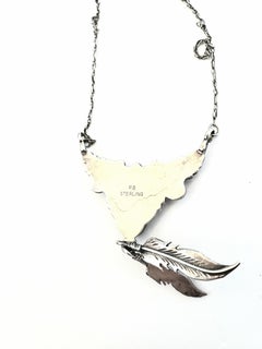 Native American Richard Begay Sterling Silver Malachiti Feather Dangle Necklace