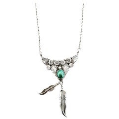 Native American Richard Begay Sterling Silver Malachiti Feather Dangle Necklace
