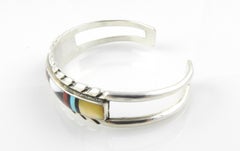 Native American RLK Sterling Silver Coral, MOP, Onyx & Turquoise Cuff Bracelet
