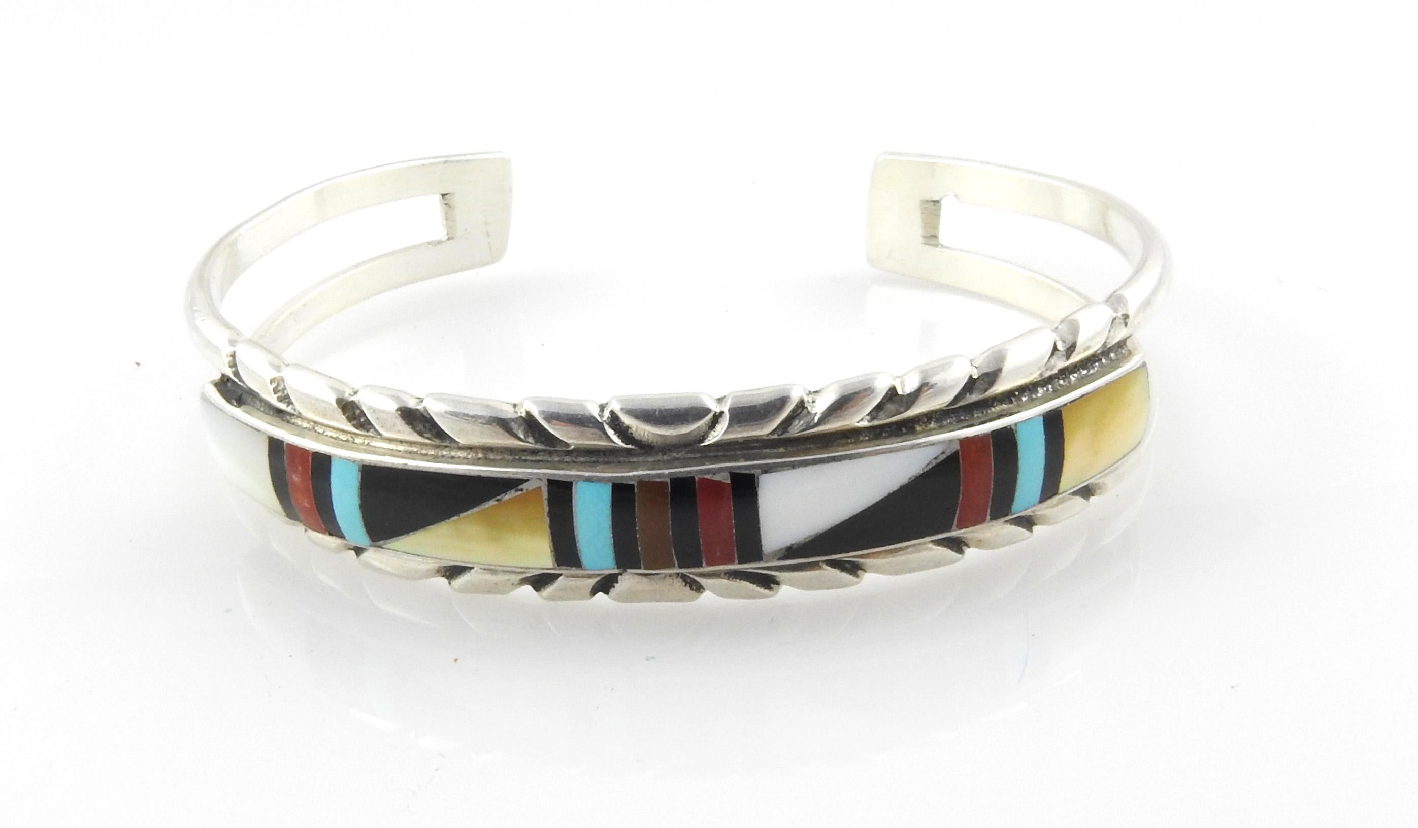 Cabochon Native American RLK Sterling Silver Coral, MOP, Onyx & Turquoise Cuff Bracelet