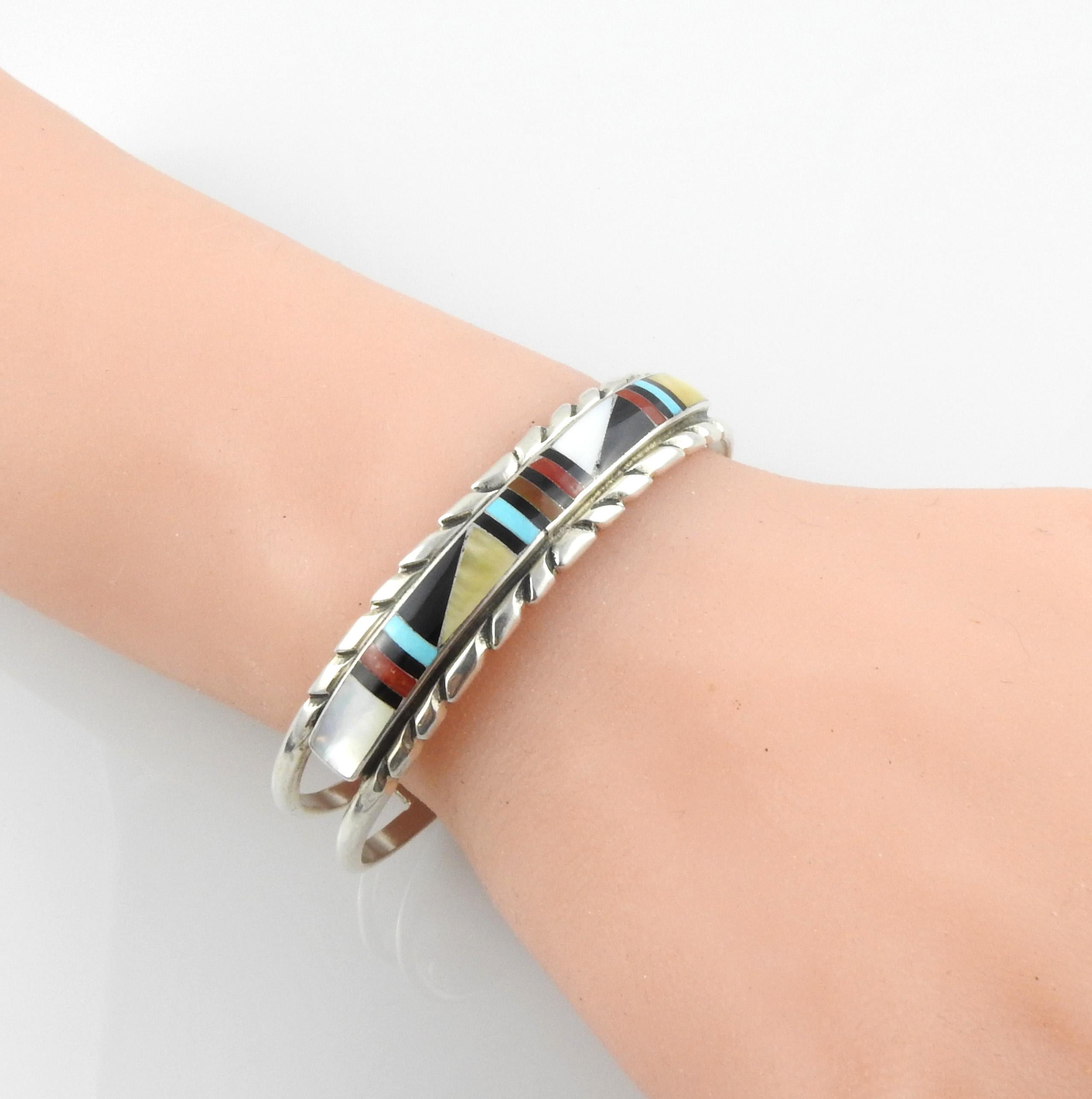Women's or Men's Native American RLK Sterling Silver Coral, MOP, Onyx & Turquoise Cuff Bracelet