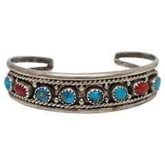 Native American Robert Johnson Silver Turquoise Coral Cuff Bracelet #19879