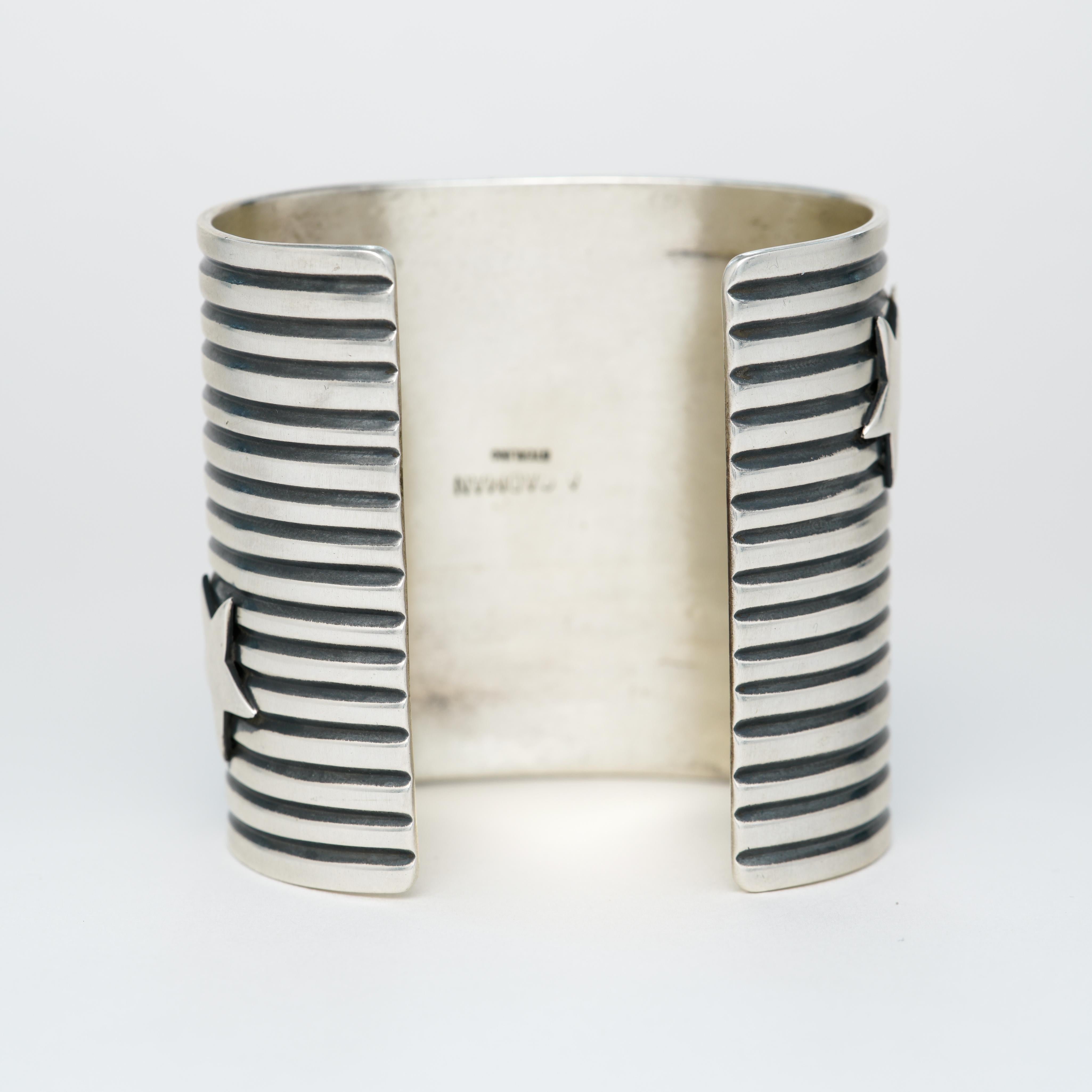 Native American Signed A. Cadman Wide Silver Cuff In Excellent Condition For Sale In New York, NY
